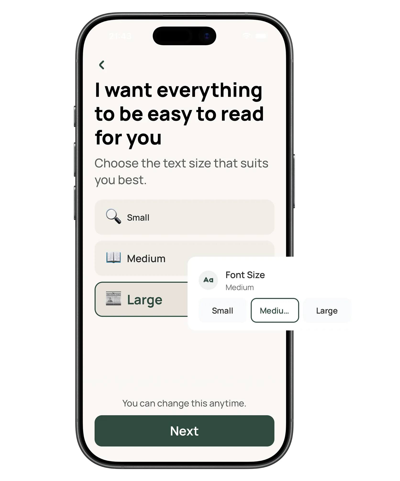Big text and a clear screen — nothing to learn