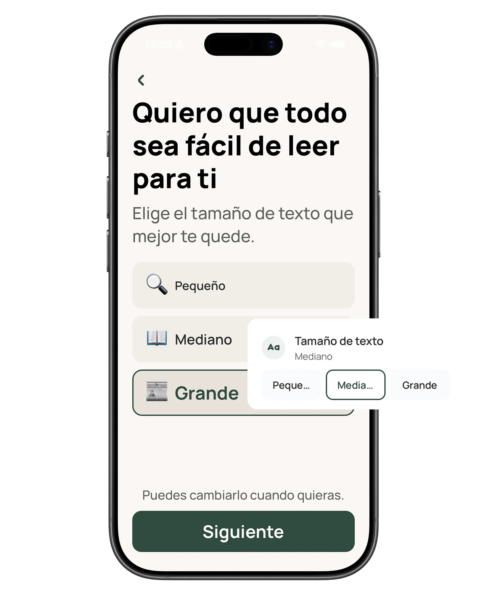 Texto grande y pantalla clara — sin aprender nada