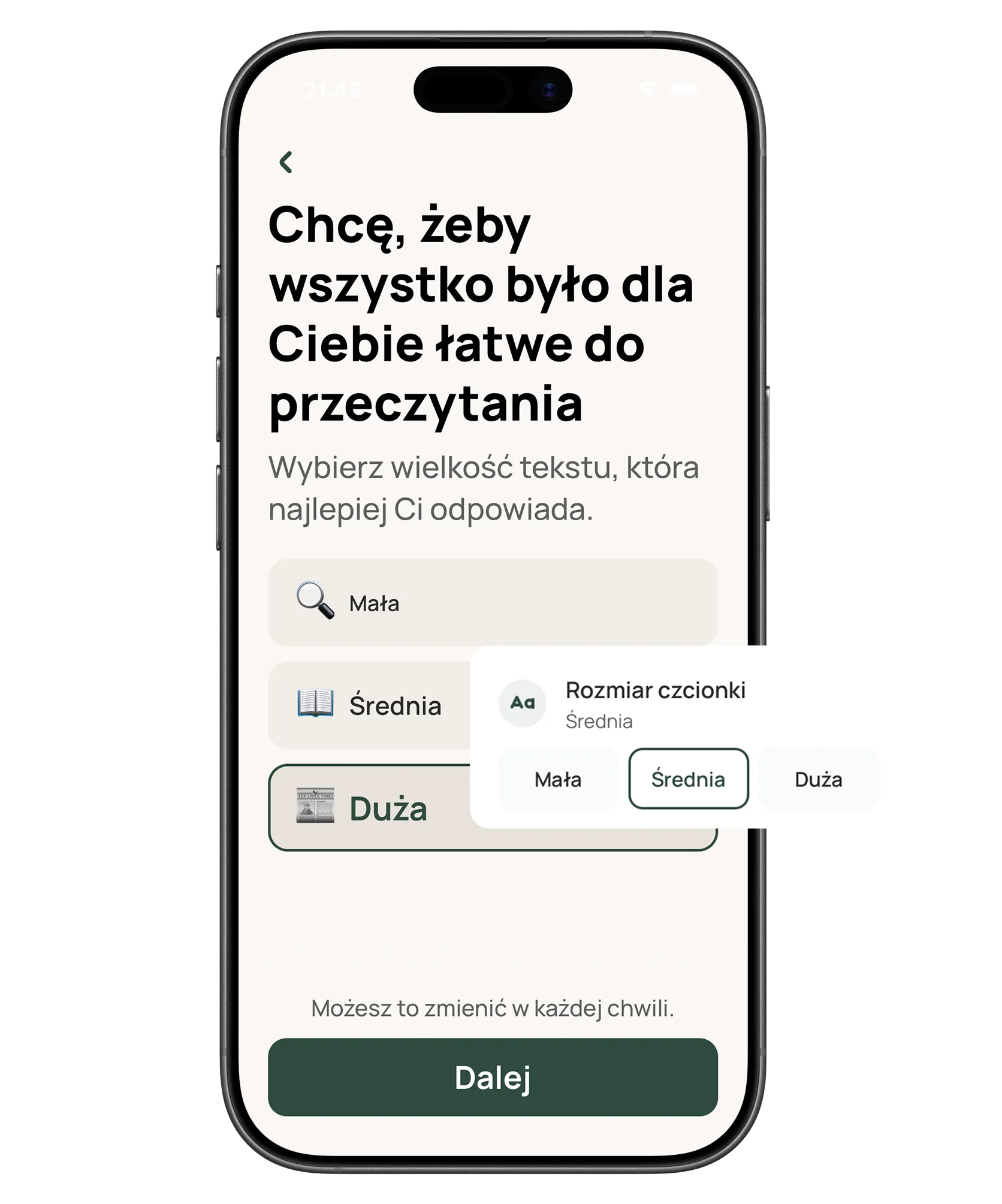 Duży tekst i czytelny ekran — bez nauki obsługi