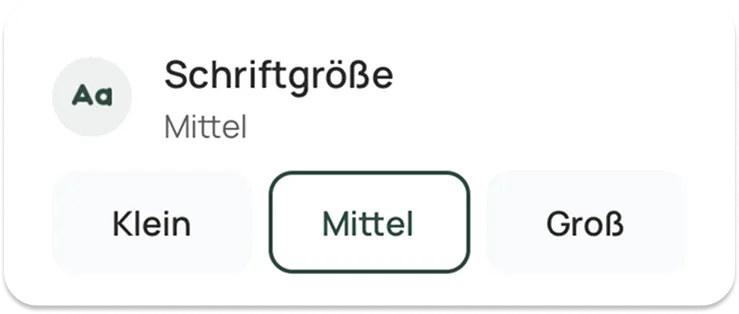 Die Schriftgrößen-Einstellung der Carely-App — klein, mittel, groß