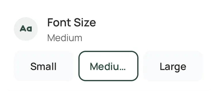 The Carely app's font-size setting — small, medium, large