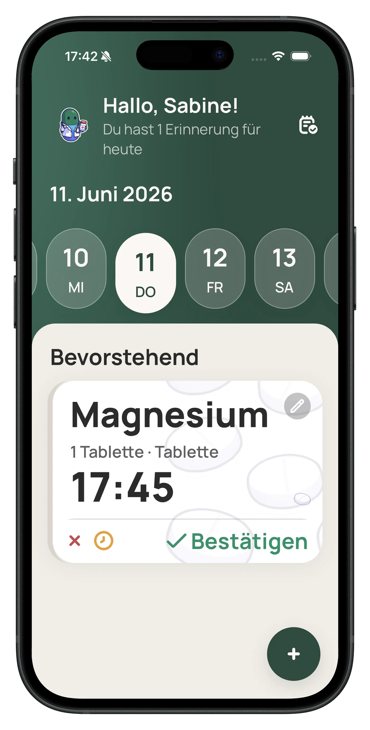 Die Carely-App mit den heutigen Medikamenten-Erinnerungen