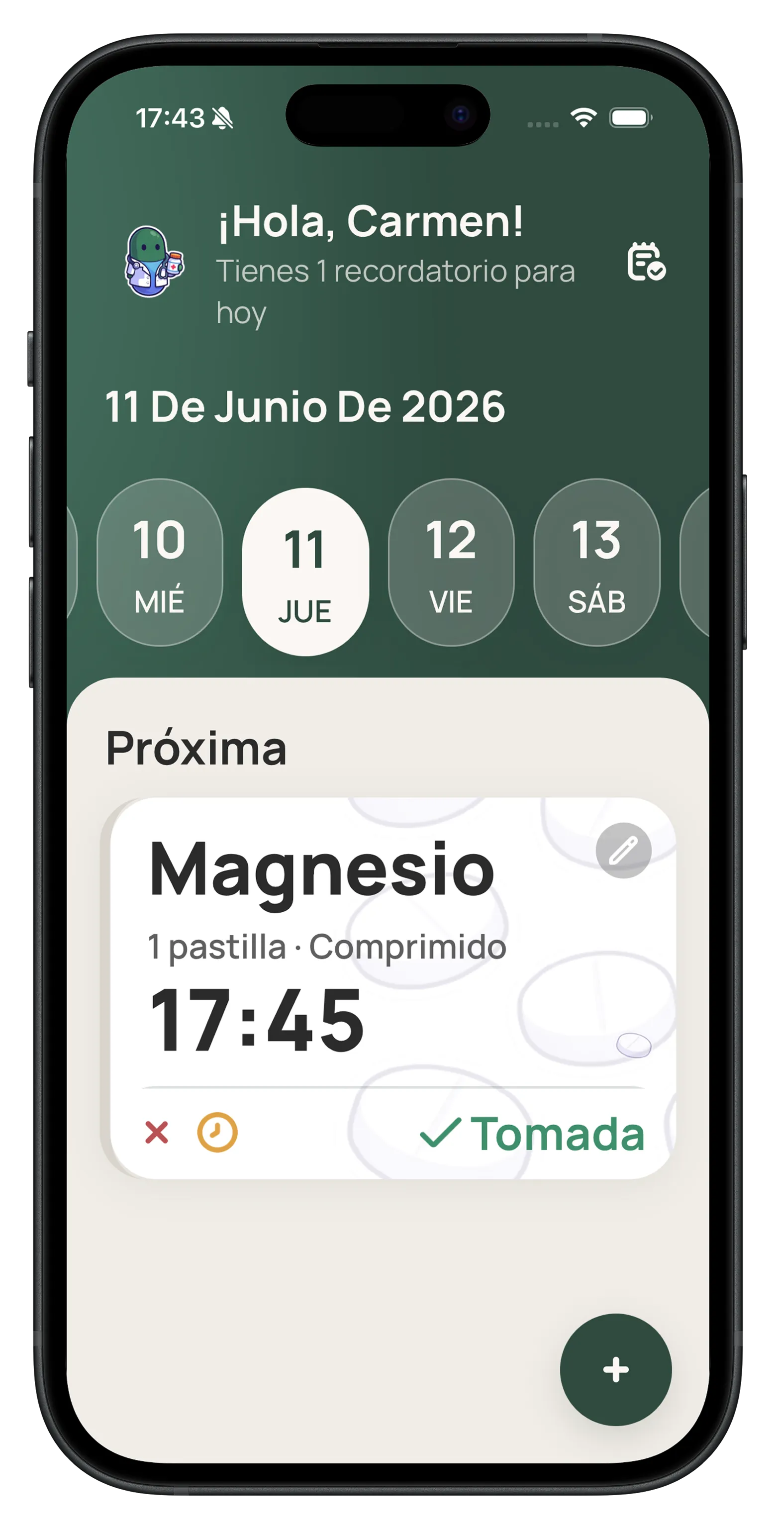 La app Carely mostrando los recordatorios de medicación de hoy
