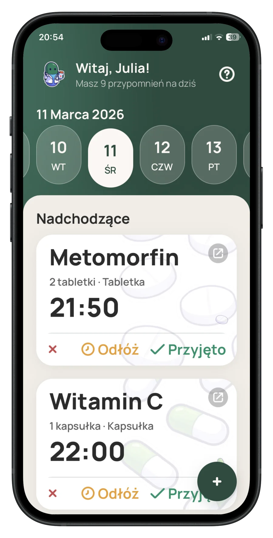 Ekran aplikacji Carely z przypomnieniami o lekach na dziś